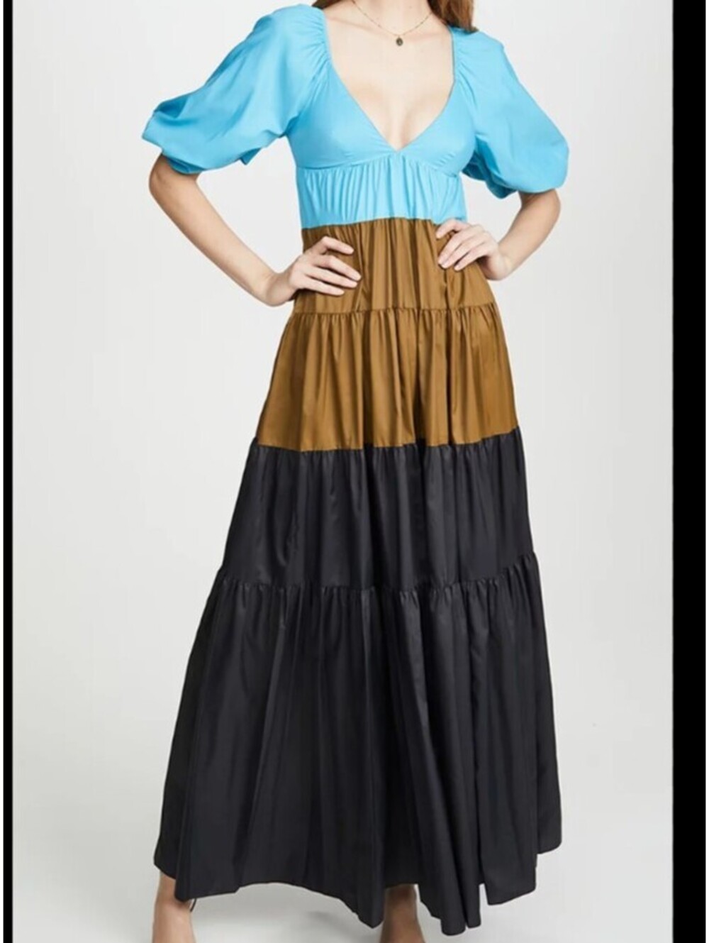 STAUD meadow dress in blue brown black tiered maxi dress sz S NWT